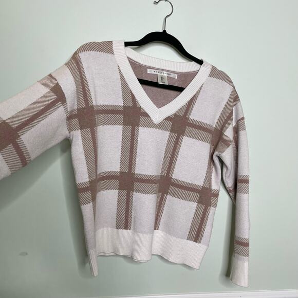 Max Studio V-Neck Sweater Long Sleeve Ribbed Hem Plaid Pullover Brown White L - Picture 3 of 12